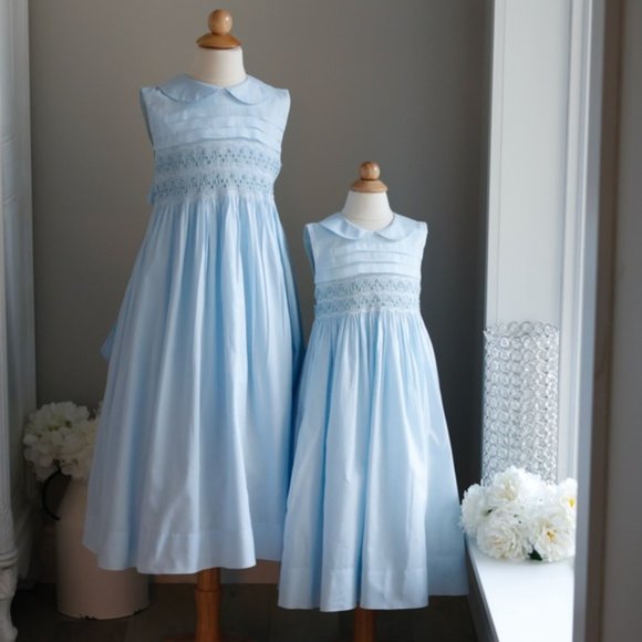 Strasburg Blue Smocked Dress Hand-Embroidered Spring Summer Vacation PERFECT - Picture 8 of 9